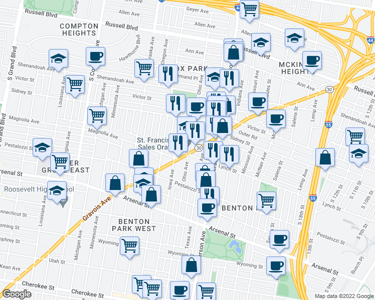 map of restaurants, bars, coffee shops, grocery stores, and more near 2653 Ohio Ave in St Louis