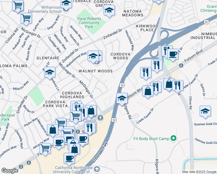 map of restaurants, bars, coffee shops, grocery stores, and more near 2641 Queenwood Drive in Rancho Cordova