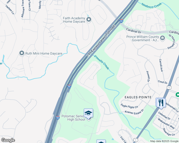 map of restaurants, bars, coffee shops, grocery stores, and more near 3500 Eagle Ridge Drive in Woodbridge