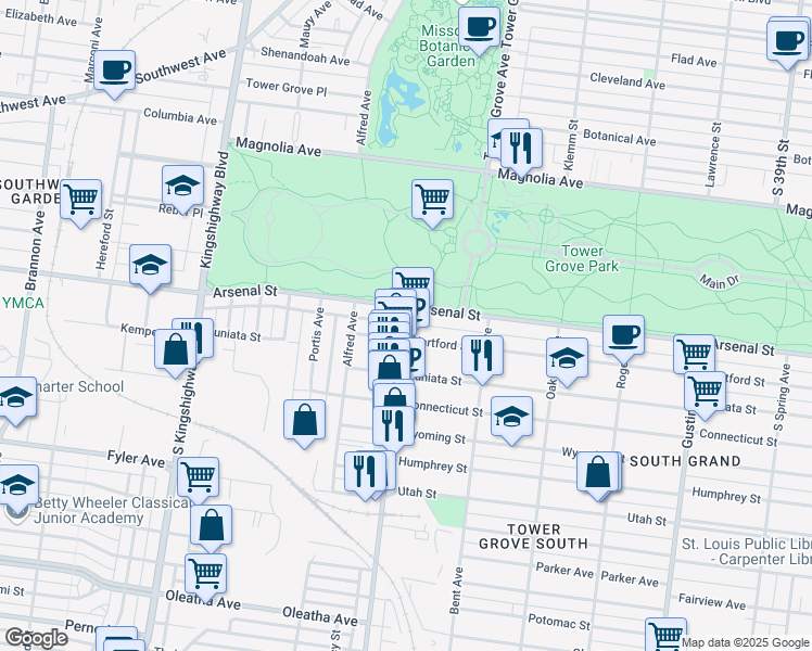 map of restaurants, bars, coffee shops, grocery stores, and more near 3116 Morgan Ford Road in St. Louis