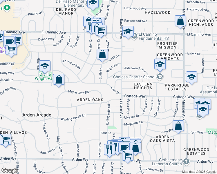 map of restaurants, bars, coffee shops, grocery stores, and more near 2029 Ione Street in Sacramento