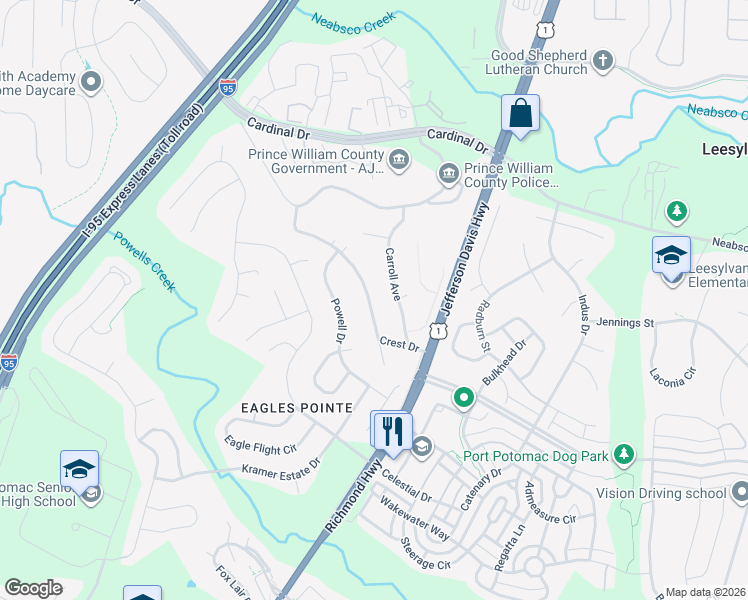 map of restaurants, bars, coffee shops, grocery stores, and more near 16021 Crest Drive in Woodbridge