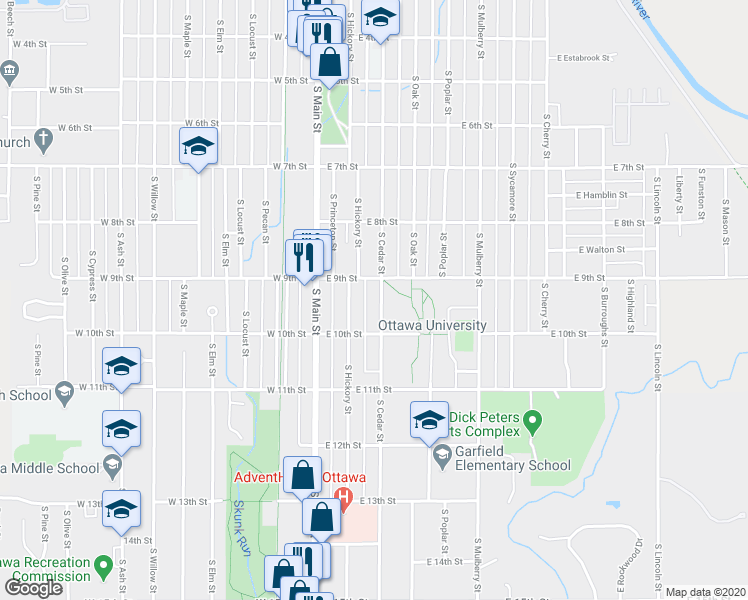map of restaurants, bars, coffee shops, grocery stores, and more near 920 South Cedar Street in Ottawa