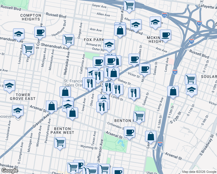 map of restaurants, bars, coffee shops, grocery stores, and more near 2703 South Jefferson Avenue in St. Louis