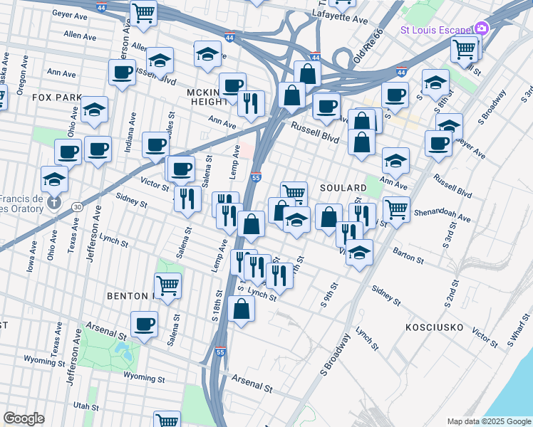 map of restaurants, bars, coffee shops, grocery stores, and more near 2411 South 13th Street in St. Louis