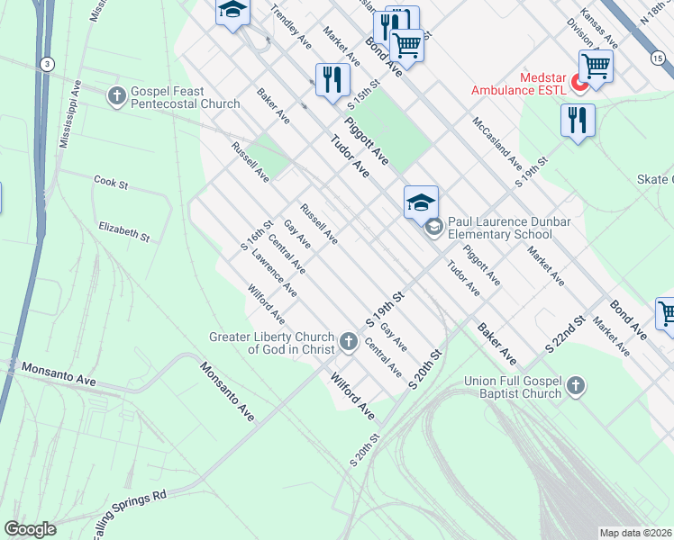 map of restaurants, bars, coffee shops, grocery stores, and more near 1721 Gay Avenue in East St. Louis