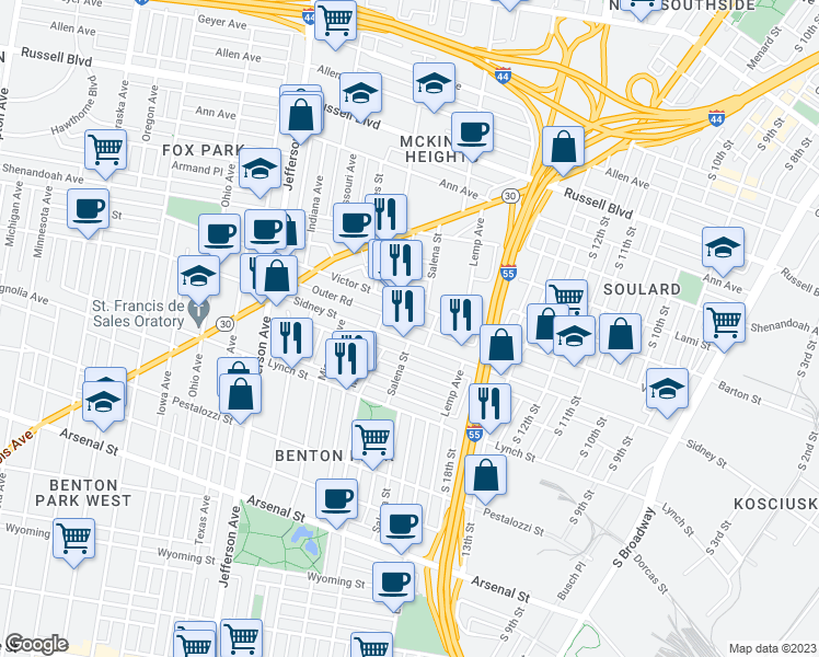 map of restaurants, bars, coffee shops, grocery stores, and more near 2019 Outer Road in St. Louis