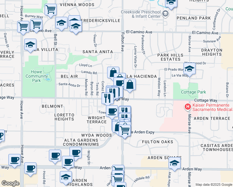 map of restaurants, bars, coffee shops, grocery stores, and more near 2537 Cottage Way in Sacramento