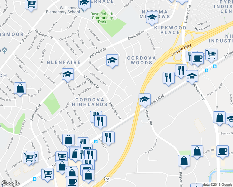 map of restaurants, bars, coffee shops, grocery stores, and more near 10920 Alandale Way in Rancho Cordova