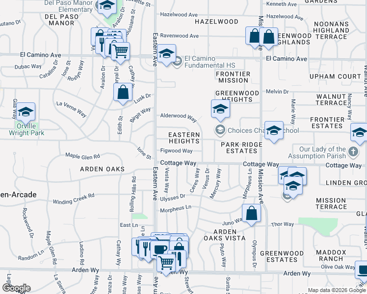 map of restaurants, bars, coffee shops, grocery stores, and more near 4329 Figwood Way in Sacramento