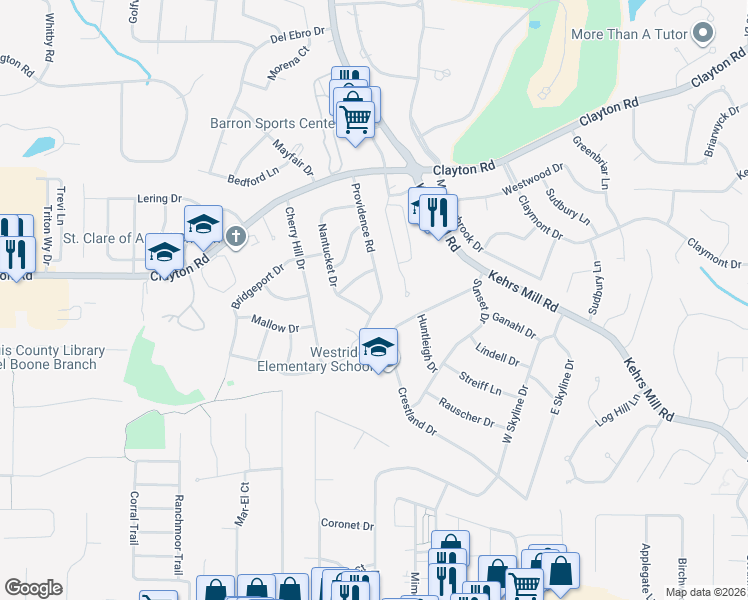 map of restaurants, bars, coffee shops, grocery stores, and more near 316 Nantucket Drive in Ballwin