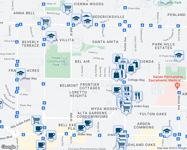 map of restaurants, bars, coffee shops, grocery stores, and more near 2108 Crane Court in Sacramento