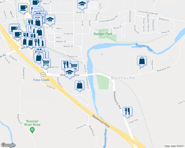 map of restaurants, bars, coffee shops, grocery stores, and more near 0 Healdsburg Avenue in Healdsburg