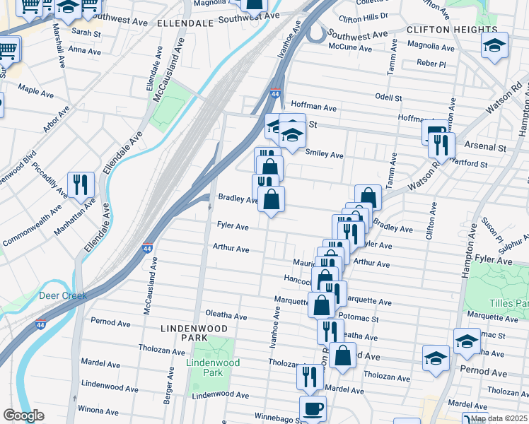 map of restaurants, bars, coffee shops, grocery stores, and more near 3261 Ivanhoe Avenue in St. Louis