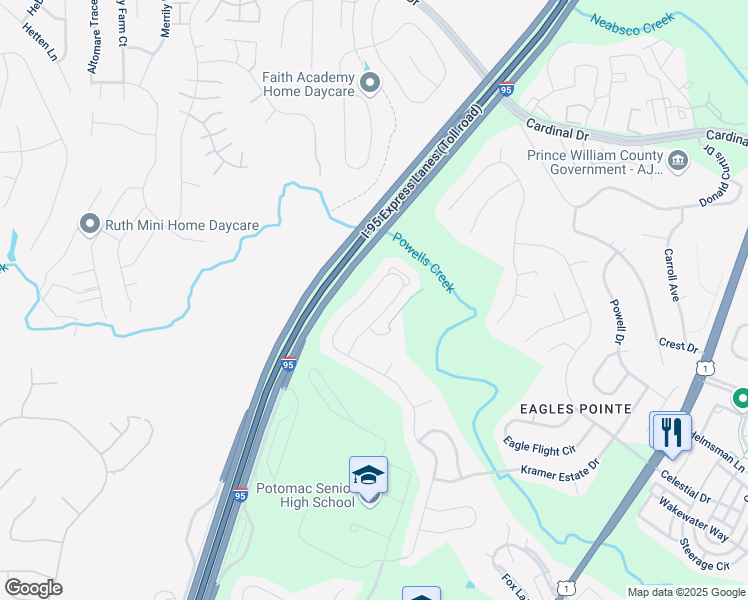 map of restaurants, bars, coffee shops, grocery stores, and more near 3504 Eagle Ridge Drive in Woodbridge