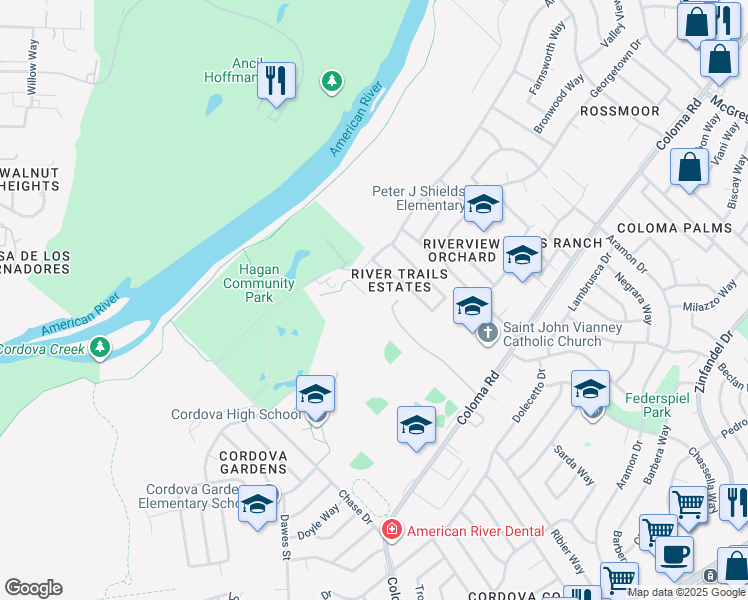 map of restaurants, bars, coffee shops, grocery stores, and more near 2224 Trails Court in Rancho Cordova