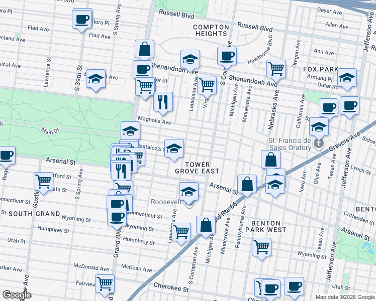 map of restaurants, bars, coffee shops, grocery stores, and more near 3321 Pestalozzi Street in St. Louis