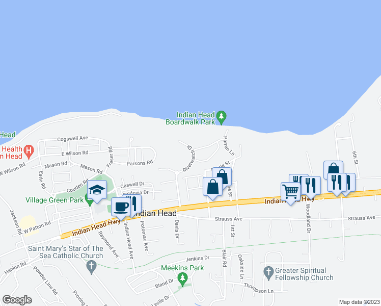 map of restaurants, bars, coffee shops, grocery stores, and more near 142 Riverwatch Boulevard in Indian Head
