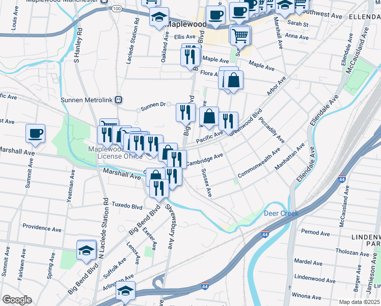 map of restaurants, bars, coffee shops, grocery stores, and more near 3704 Greenwood Boulevard in Maplewood