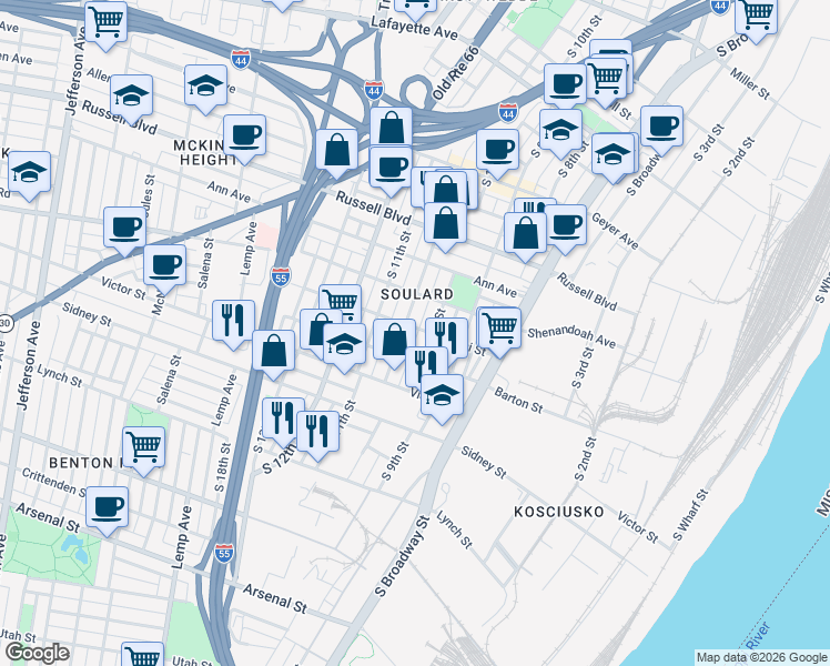 map of restaurants, bars, coffee shops, grocery stores, and more near 1014 Lami Street in St. Louis