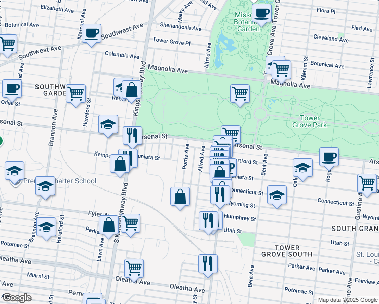map of restaurants, bars, coffee shops, grocery stores, and more near 3126 Portis Avenue in St. Louis