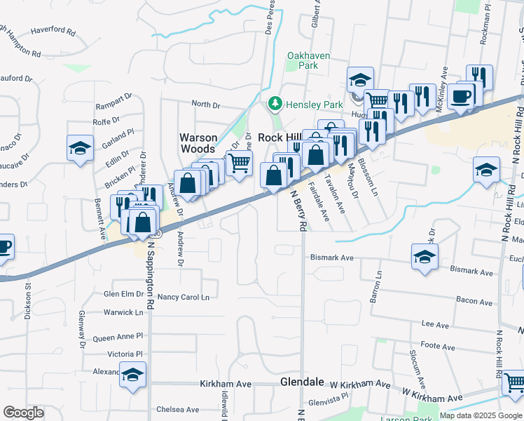 map of restaurants, bars, coffee shops, grocery stores, and more near 7 Frederick Lane in St. Louis