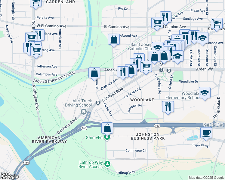 map of restaurants, bars, coffee shops, grocery stores, and more near 1121 Del Paso Boulevard in Sacramento