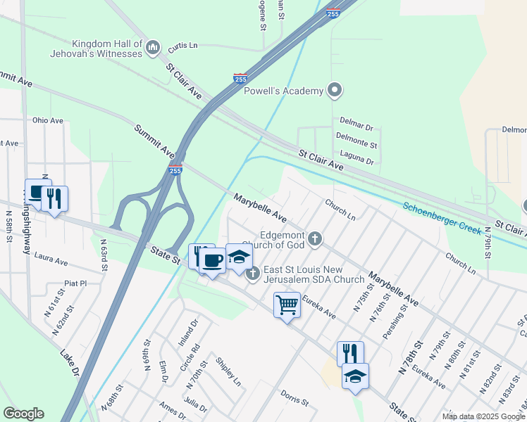 map of restaurants, bars, coffee shops, grocery stores, and more near 6800 Marybelle Avenue in East St. Louis