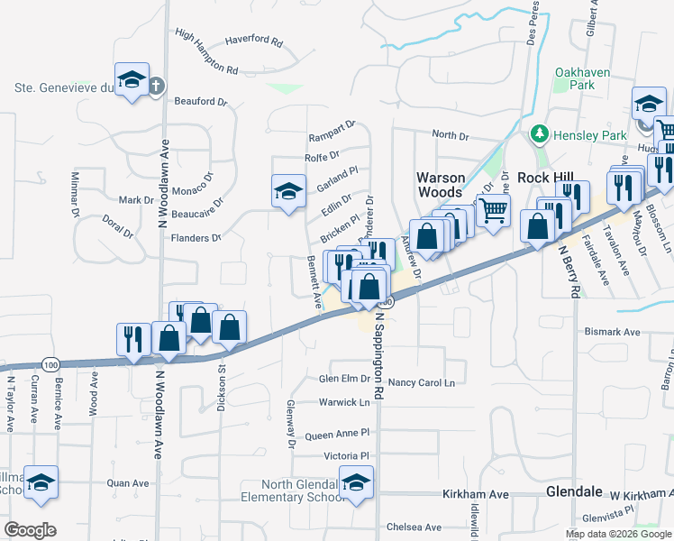 map of restaurants, bars, coffee shops, grocery stores, and more near 824 Renderer Drive in St. Louis