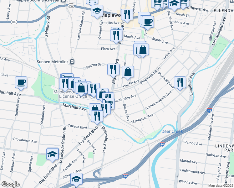 map of restaurants, bars, coffee shops, grocery stores, and more near 3704 Greenwood Boulevard in Maplewood
