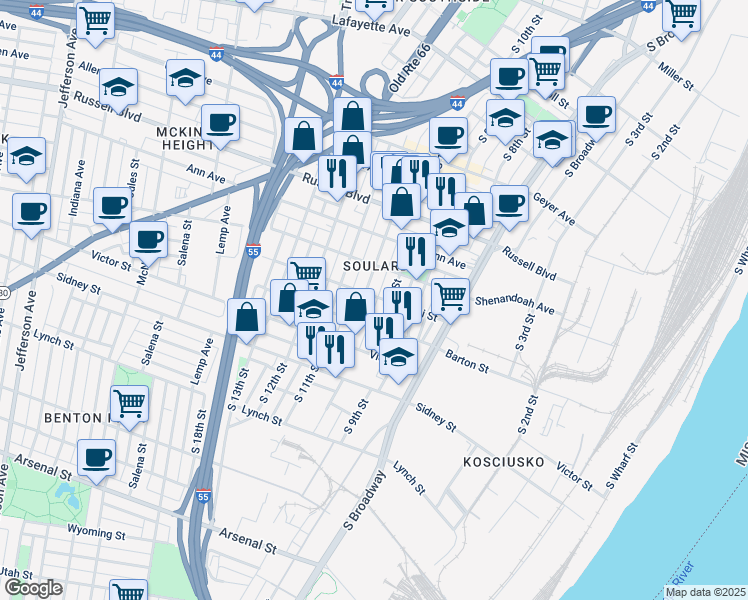 map of restaurants, bars, coffee shops, grocery stores, and more near 1014 Lami Street in St. Louis
