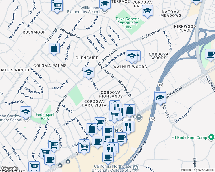 map of restaurants, bars, coffee shops, grocery stores, and more near 10824 Berwick Way in Rancho Cordova