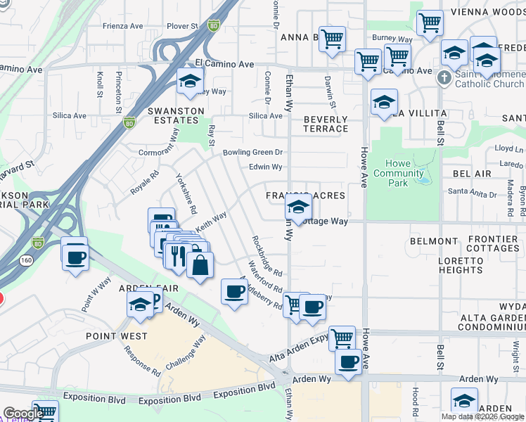 map of restaurants, bars, coffee shops, grocery stores, and more near 2141 Surrey Road in Sacramento
