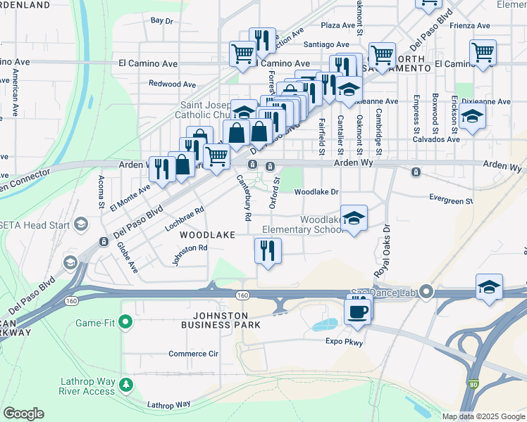 map of restaurants, bars, coffee shops, grocery stores, and more near 2107 Oxford Street in Sacramento