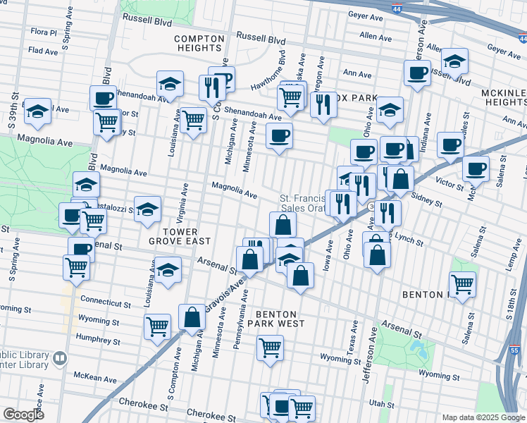 map of restaurants, bars, coffee shops, grocery stores, and more near 2824 Pennsylvania Avenue in St. Louis