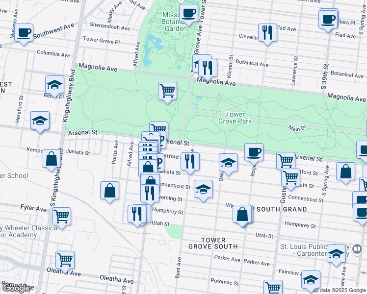 map of restaurants, bars, coffee shops, grocery stores, and more near 4202 Arsenal Street in St. Louis