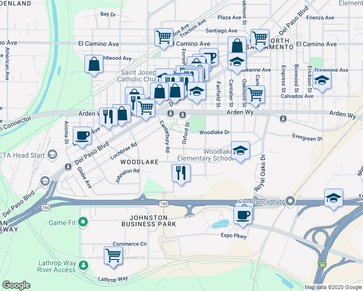 map of restaurants, bars, coffee shops, grocery stores, and more near 2107 Oxford St in Sacramento