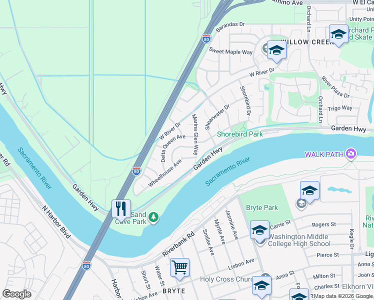 map of restaurants, bars, coffee shops, grocery stores, and more near 3406 River Shoal Avenue in Sacramento
