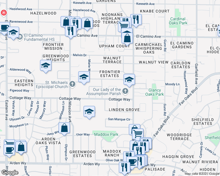 map of restaurants, bars, coffee shops, grocery stores, and more near 4925 Clear Circle in Carmichael