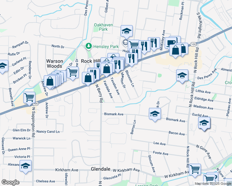 map of restaurants, bars, coffee shops, grocery stores, and more near 843 Tavalon Avenue in St. Louis