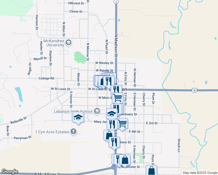 map of restaurants, bars, coffee shops, grocery stores, and more near 119 West Saint Louis Street in Lebanon