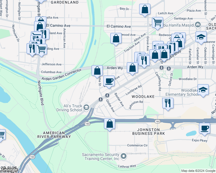 map of restaurants, bars, coffee shops, grocery stores, and more near 1026 El Monte Avenue in Sacramento