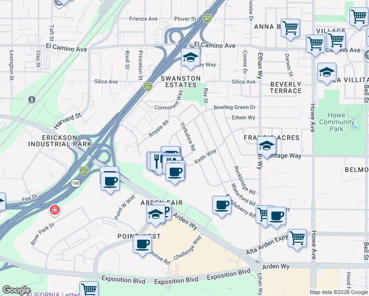 map of restaurants, bars, coffee shops, grocery stores, and more near 2112 New Haven Road in Sacramento