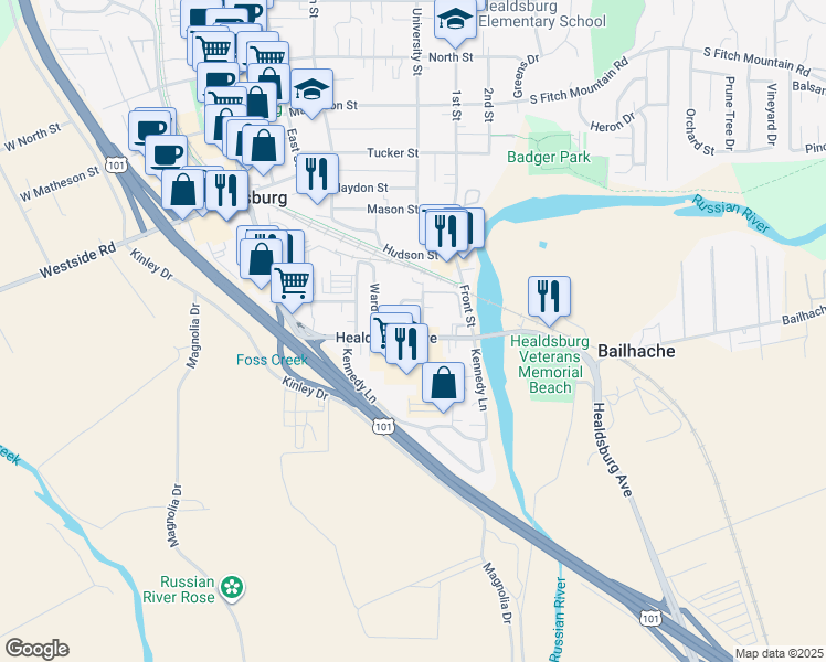 map of restaurants, bars, coffee shops, grocery stores, and more near 30 Healdsburg Avenue in Healdsburg