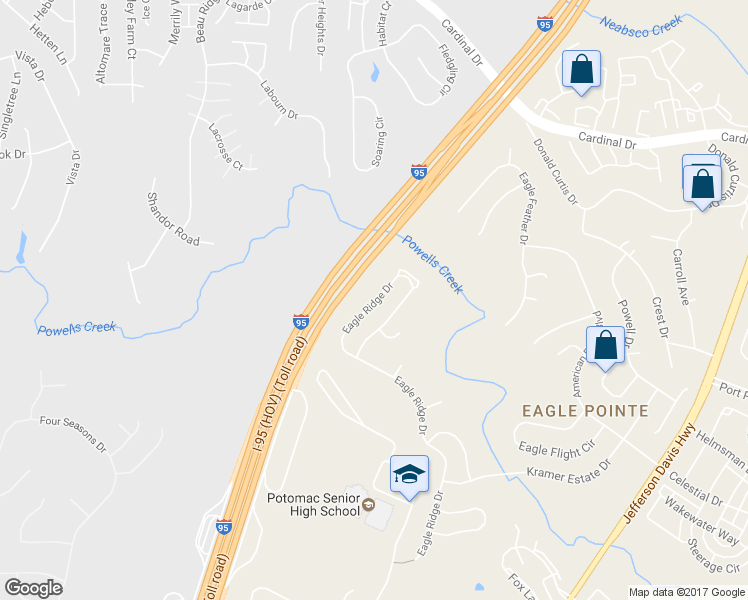 map of restaurants, bars, coffee shops, grocery stores, and more near 3499 Eagle Ridge Drive in Woodbridge