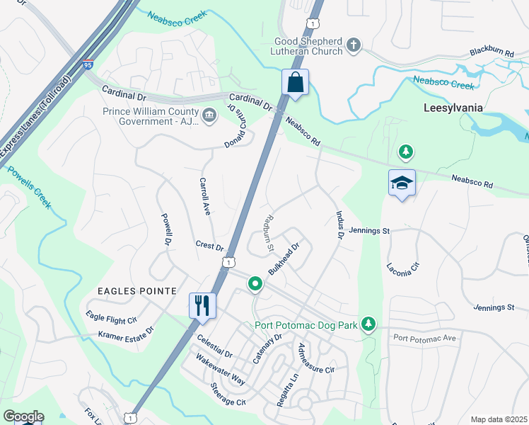 map of restaurants, bars, coffee shops, grocery stores, and more near 2603 Chester Circle in Woodbridge