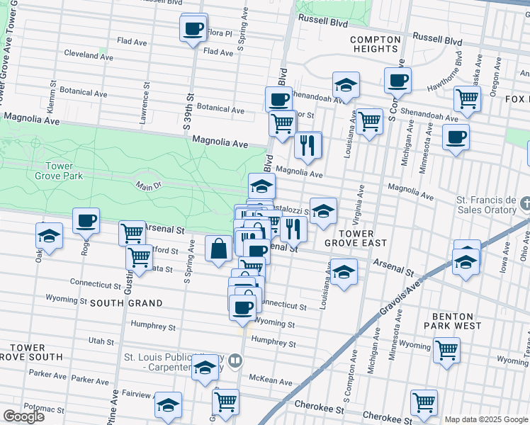 map of restaurants, bars, coffee shops, grocery stores, and more near 2900 South Grand Boulevard in St. Louis