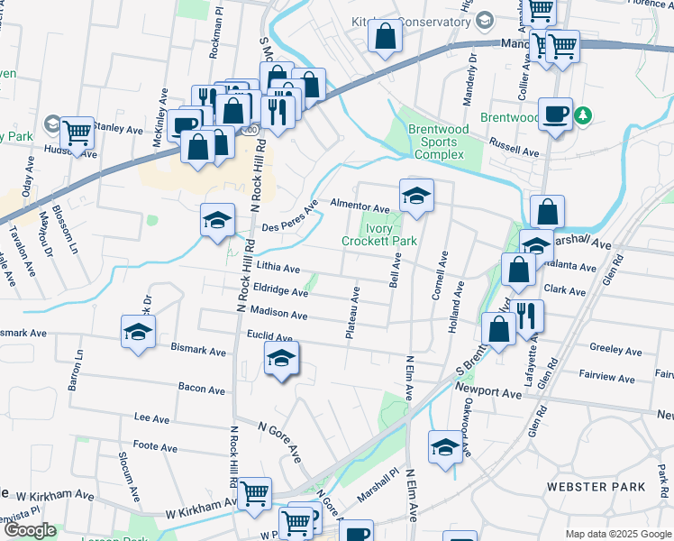 map of restaurants, bars, coffee shops, grocery stores, and more near 217 Lithia Avenue in St. Louis