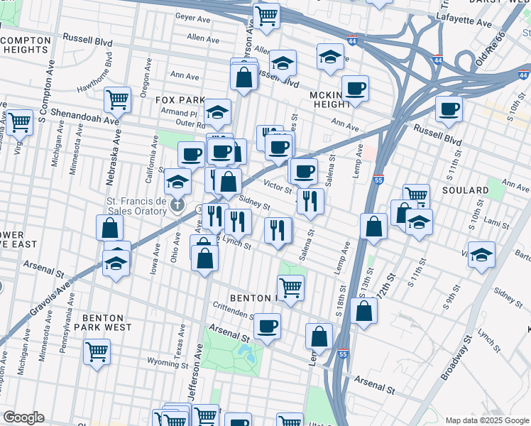 map of restaurants, bars, coffee shops, grocery stores, and more near 2615 Missouri Avenue in St. Louis