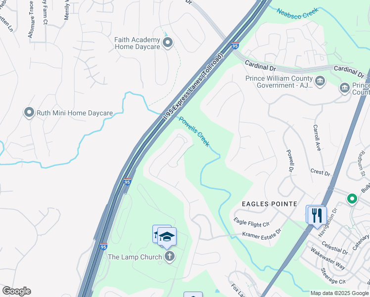 map of restaurants, bars, coffee shops, grocery stores, and more near 3553 Eagle Ridge Drive in Woodbridge